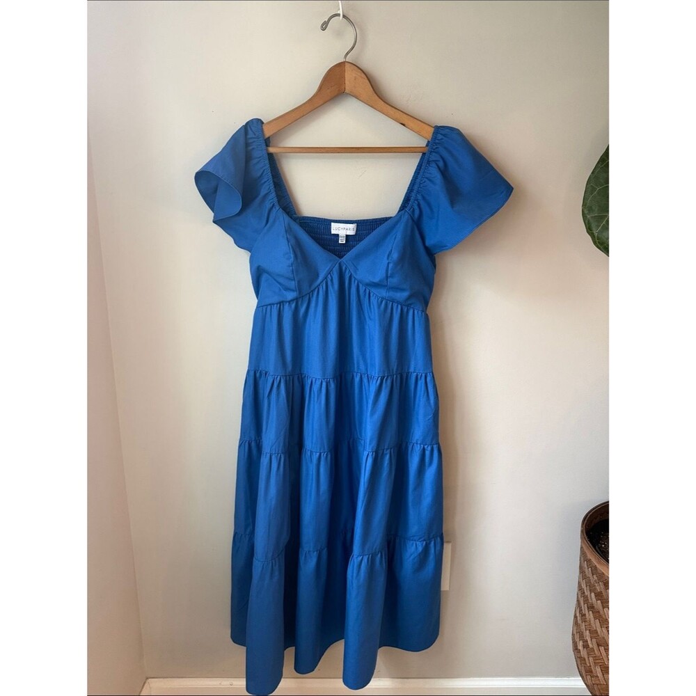 Lucy Paris Blue Tiered Babydoll Midi Dress Puff Sleeve Cottagecore Smocked Back